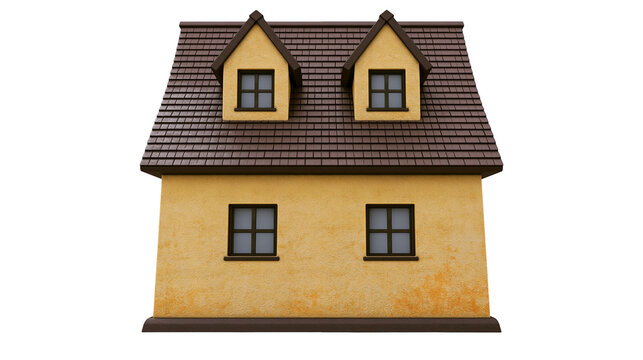 Yellow house with brown shingled roof and dormer windows