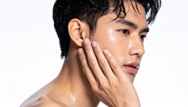 アジア系の若い男性, 横顔, 肌に触れている, ウェットヘア, 清潔感, 光沢のある肌, 白背景, クローズアップ, 美容広告風, 超リアル Asian young man, side profile, touching his cheek, wet hair, clean look, glowing skin, white background, close-up