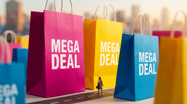 mega deal shopping bags city skyscrapers retail discount campaign giant shopping bags stand like skyscrapers in miniature city creating urban retail scale and big bargain impact with distinct surreal