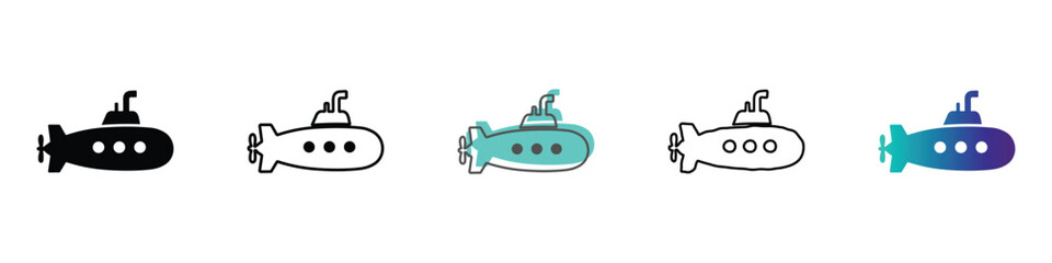 Obraz premium This graphic showcases a variety of submarine icons, including solid black, outline, and gradient fills, perfect for nautical or technical themes