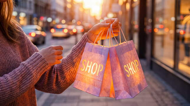 glowing shopping bags lantern sale discount retail night campaign hands lift shopping bags glowing from within like lanterns creating warm evening sale magic and premium promotion mood with distinct