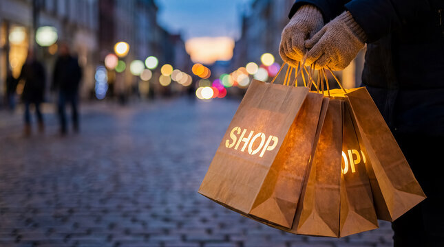 glowing shopping bags lantern sale discount retail night campaign hands lift shopping bags glowing from within like lanterns creating warm evening sale magic and premium promotion mood for holiday
