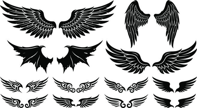 Black vector angel devil dragon wings silhouettes set with tribal gothic elements for tattoo print apparel merchandise logo design