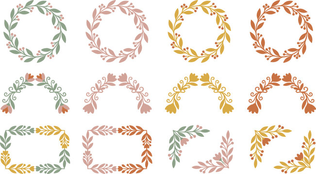 Floral wreath vector set with botanical borders frames arches and corners in bohemian autumn pastel colors illustration,