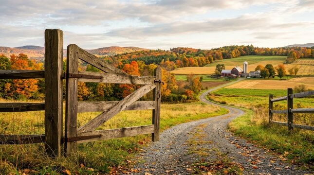 Scenic Countryside Landscape with Wooden Fences and Rolling Hills in Autumn.