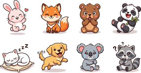 Fototapeta premium Cute cartoon baby animals emoji sticker set with various emotions for kids nursery apparel book design project vector illustration