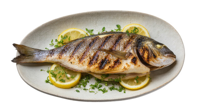 Whole grilled sea bream fish with lemon slices and parsley, isolated on transparent background