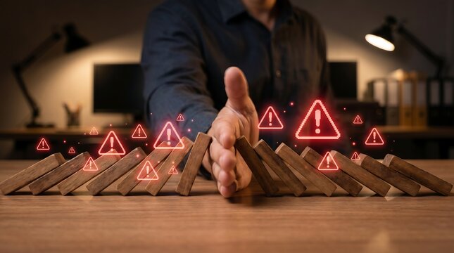 Executive hand halting row of falling wooden dominoes with floating red warning icons signifying risk management and corporate crisis prevention in dark office interior