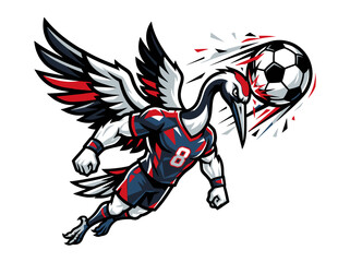 Naklejka premium The Japanese crane playmaker scores a goal kicking soccer ball with dynamic motion lines in a sports stadium.