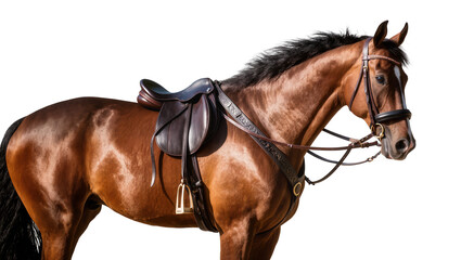 Naklejka premium Brown horse with leather saddle and bridle, isolated on transparent background