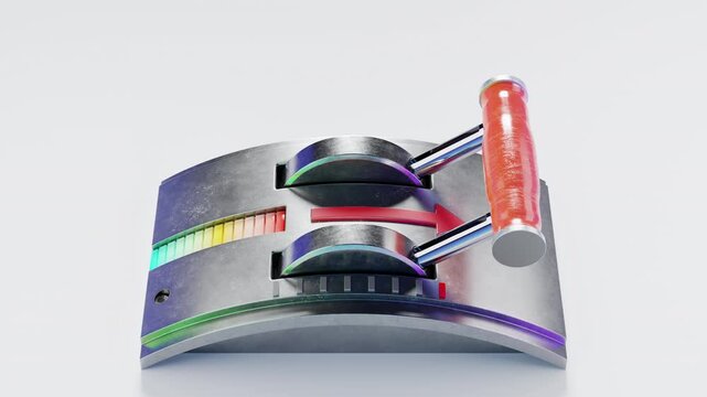 Metallic throttle lever pushing to maximum speed 3D animation. Isometric and top down views of accelerating control panel. Business productivity boost. Performance enhancements. White background.