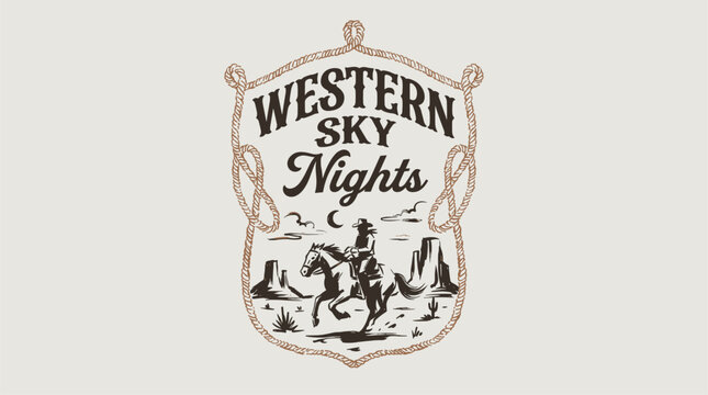 Western sky nights artwork. Retro cowboy horse design. Vintage desert rope frame.