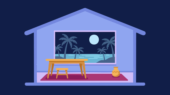 House interior with window overlooking a tropical beach at night