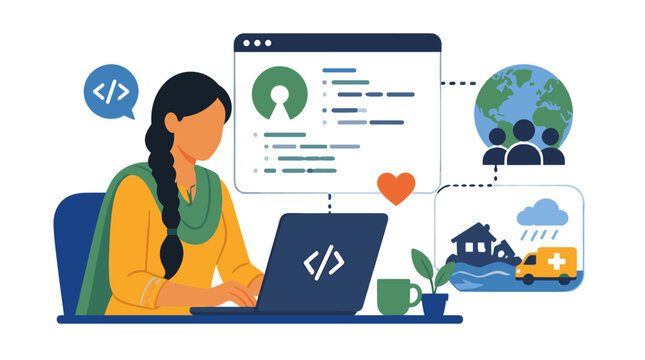 Female coder working at laptop with code screens.