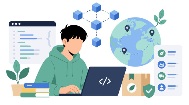 Programmer Working at Laptop Coding in Modern Workspace.