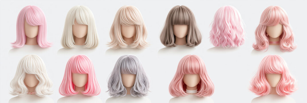 A collection of stylish synthetic wigs in various pastel colors and styles.