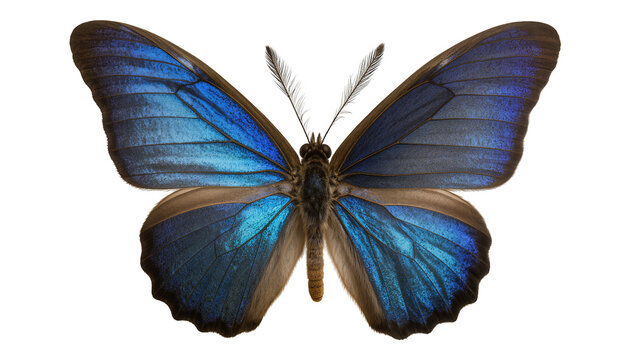 Detailed blue morpho butterfly with iridescent wings, isolated on transparent background