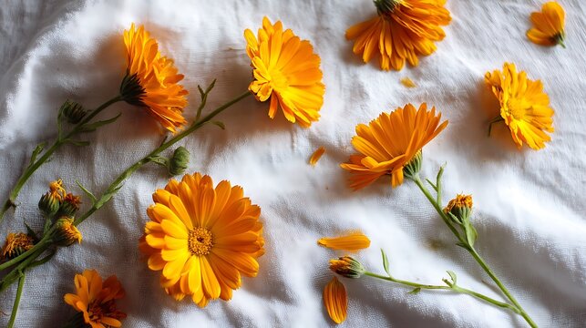 Closeup of bright orange gerbera daisies with green stems and leaves