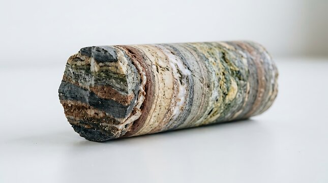 Geological core sample exhibiting layered rock strata with diverse mineral composition and texture