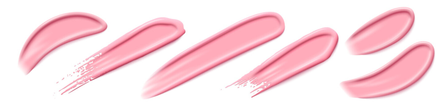 Pink cream brush strokes. Pink cream swatches with glossy texture on white background. Curved smears in varied shapes. Realistic cosmetic vector illustration.