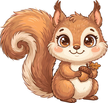 Cute cartoon baby squirrel vector illustration holding small acorn nut for kids nursery storybook greeting card design