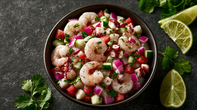 Fresh shrimp ceviche with vegetables and lime in bowl on dark background, vegetables