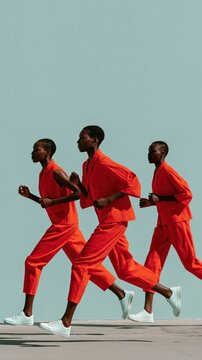 Three male models in red suits running in sync on pale blue background for fashion sportswear banner design