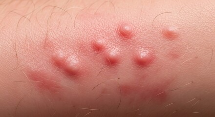 Fototapeta premium Close-up of multiple red, inflamed insect bites on human skin, possibly from bed bugs or mosquitoes, causing irritation and itching.