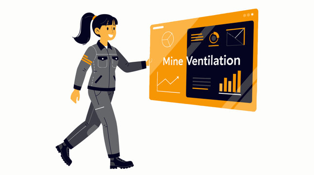 Woman presenting mine ventilation data on screen.