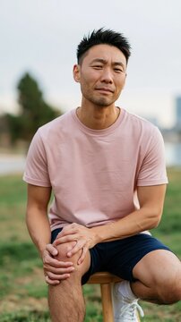 Seated portrait of young man holding knee and wincing outdoors for medical brochure and rehabilitation background
