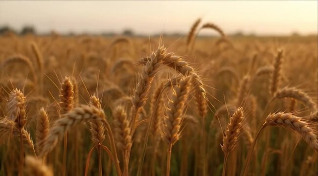 Golden wheat field at sunset with ripe grain crop ready for harvest, rural agriculture nature landscape in summer, warm light and gentle wind with soft focus cereal farm texture detail