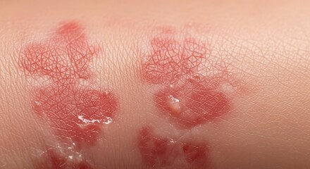 Fototapeta premium Close-up of skin rash with red, inflamed patches and blisters, possibly indicating an allergic reaction or infection.