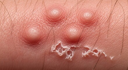 Fototapeta premium Close-up of skin with multiple blisters and peeling skin, possibly indicating a skin condition or reaction.
