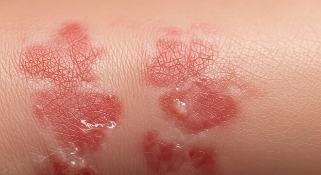 Close-up of skin rash with red, inflamed patches and blisters, possibly indicating an allergic reaction or infection.