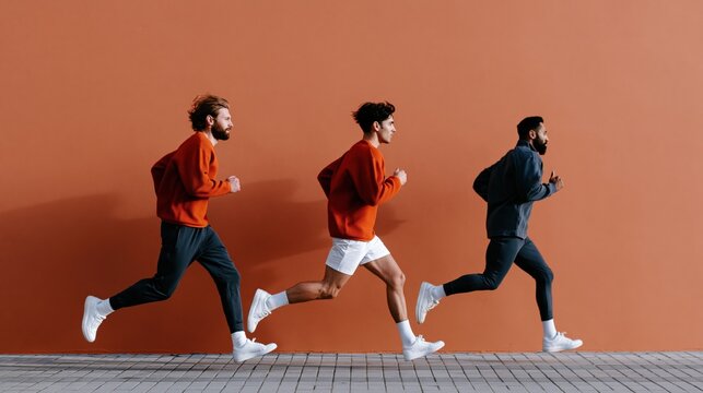 Three diverse runners in profile against an orange wall background for team training banner and active lifestyle design