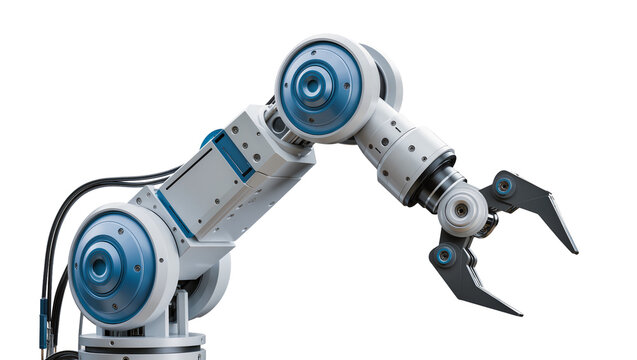 Industrial robotic arm with gripper and blue accents