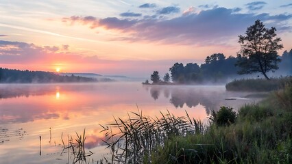 Naklejka premium Tranquil lakeside mist at sunrise with calm water and