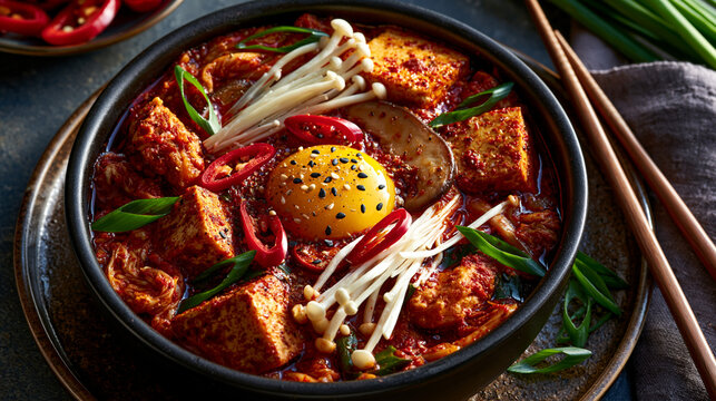 Spicy tofu stew with egg and enoki mushrooms in black ceramic bowl mushrooms culinary