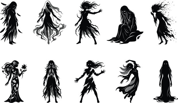 Collection of mystical female silhouettes, dark fantasy spirits, ghostly apparitions, and supernatural folklore creatures