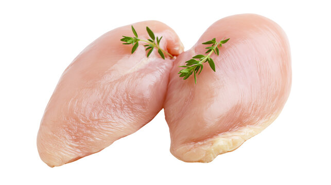 Two raw chicken breasts with thyme sprigs