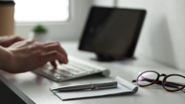 Businessman Working On Computer With Keyboard And Tablet, Modern Office Workflow