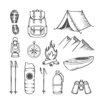 Hand drawn camping and hiking equipment collection bootprint backpack tent mountains