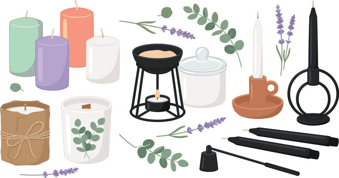 Decorative candle vector illustration featuring pillar candles, taper holders, wick trimmer, snuffer, lavender sprigs, and eucalyptus leaves