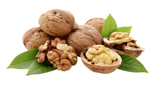 Whole and cracked walnuts with green leaves