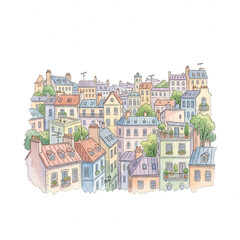 Naklejka premium Watercolor illustration of a European town with historic buildings