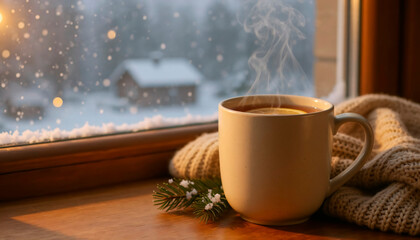 Fototapeta premium Warm Cup Of Steaming Tea Beside A Cozy Knitted Blanket On A Snowy Winter Morning