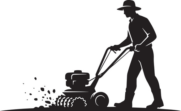 Silhouette of a man mowing lawn with a push mower person