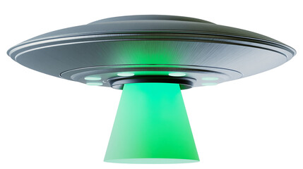 Silver flying saucer emitting green light beam © Aino