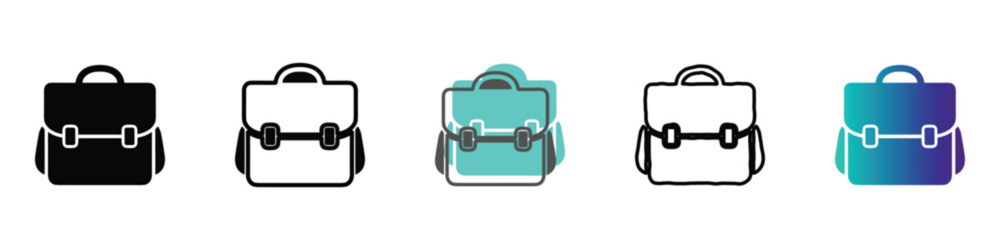 A set of five distinct icons representing backpacks and satchels, each with a unique visual presentation