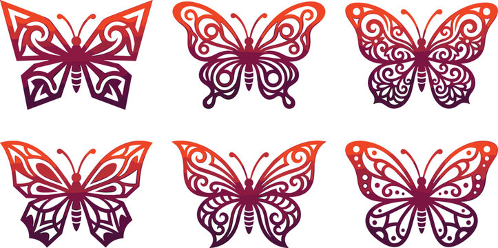Elegant Red Gradient Laser Cut Style Ornate Butterfly Collection with Intricate Filigree Wing Patterns for Decorative Design Vector Illustration